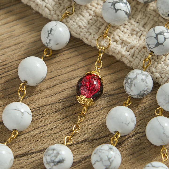 Christianartworkshop White Turquoise Rosary with Red-Black Glass Bead Accents & Sacred Heart Crucifix - image 6