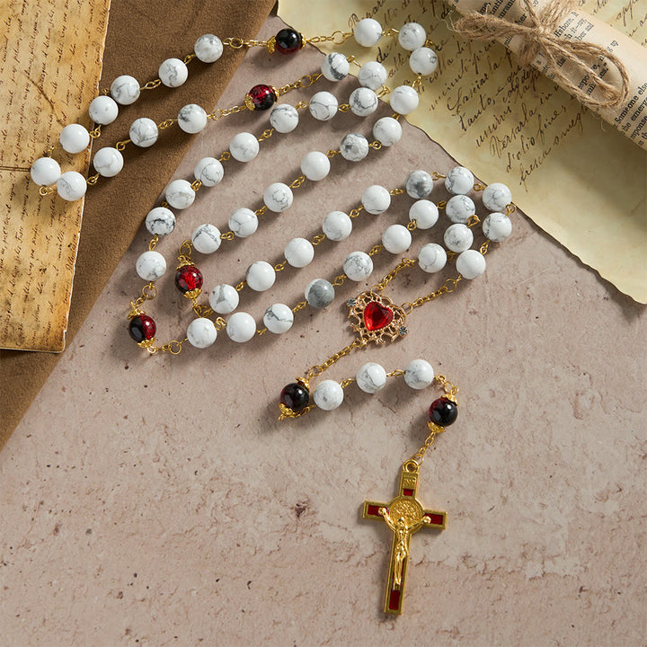 Christianartworkshop White Turquoise Rosary with Red-Black Glass Bead Accents & Sacred Heart Crucifix - image 4
