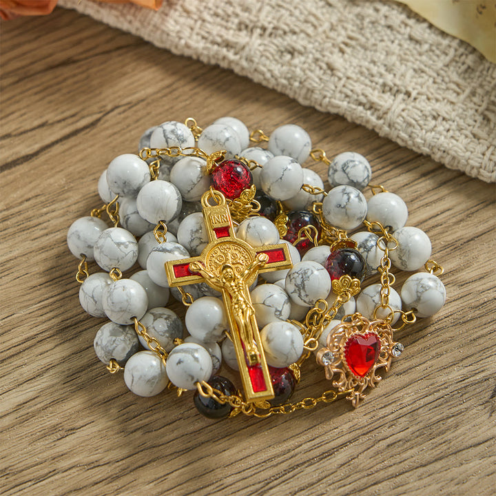 Christianartworkshop White Turquoise Rosary with Red-Black Glass Bead Accents & Sacred Heart Crucifix - image 5