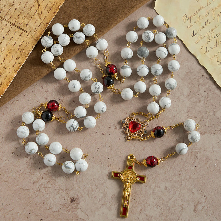 Christianartworkshop White Turquoise Rosary with Red-Black Glass Bead Accents & Sacred Heart Crucifix - image 3