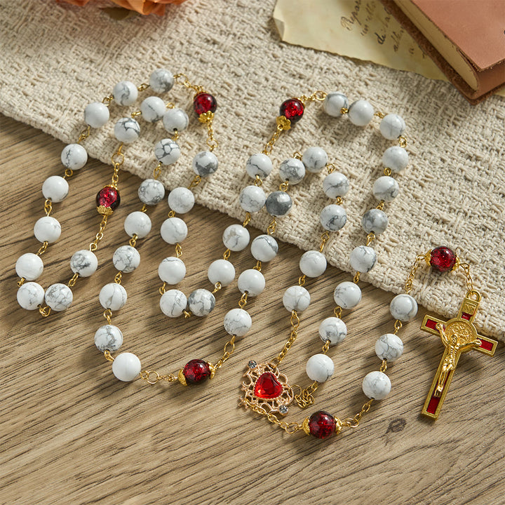 Christianartworkshop White Turquoise Rosary with Red-Black Glass Bead Accents & Sacred Heart Crucifix - image 2