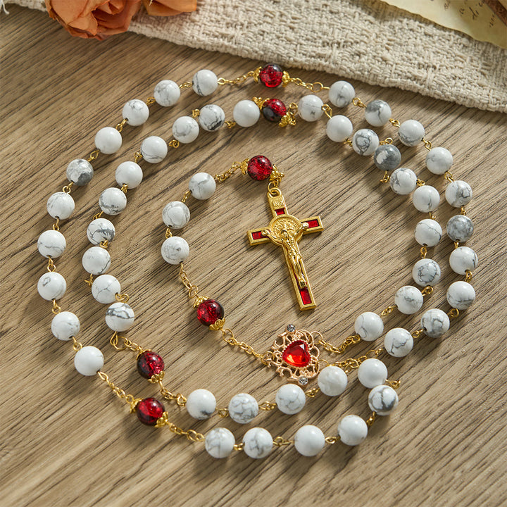 Christianartworkshop White Turquoise Rosary with Red-Black Glass Bead Accents & Sacred Heart Crucifix - White Turquoise Rosary - image 0