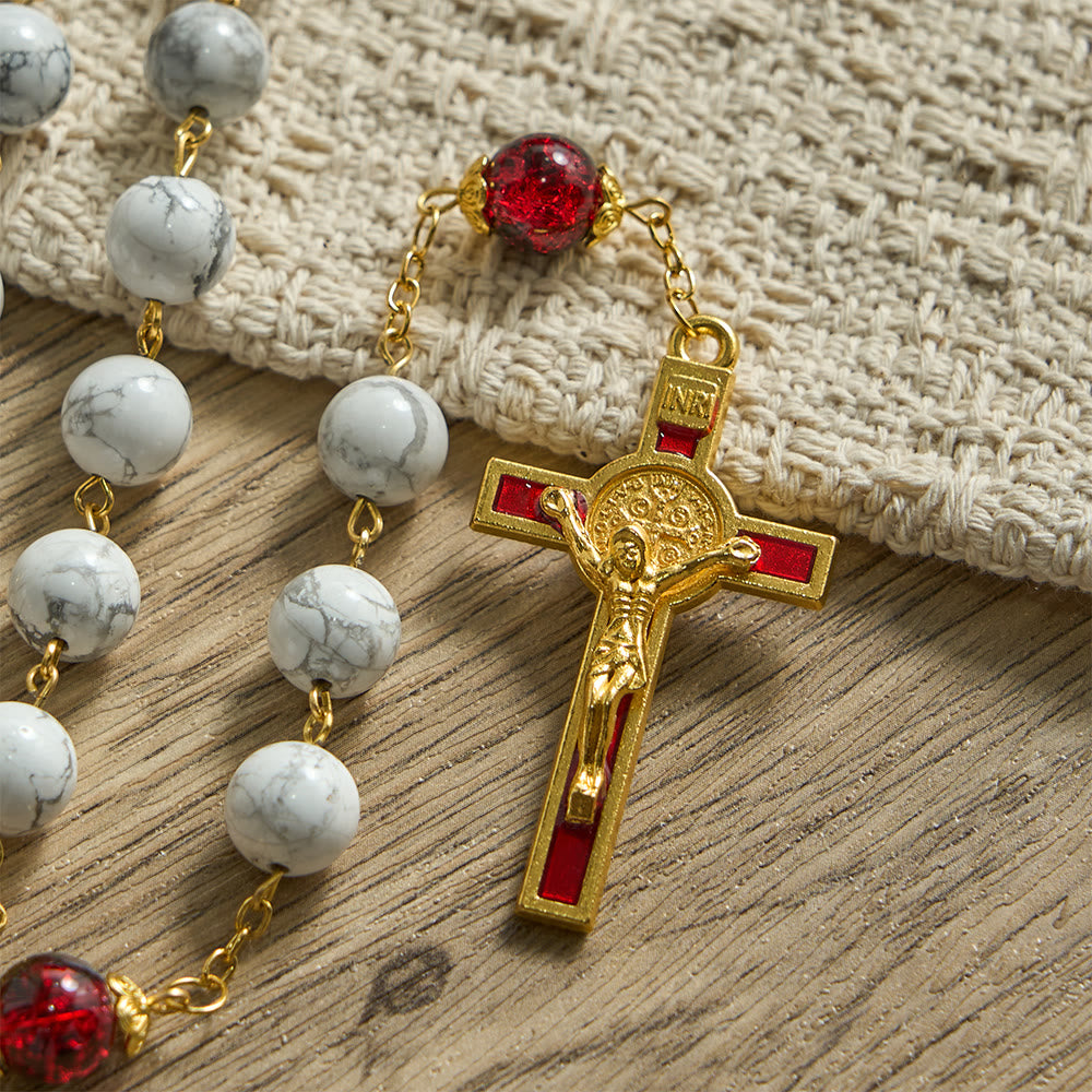 Christianartworkshop White Turquoise Rosary with Red-Black Glass Bead Accents & Sacred Heart Crucifix - image 7