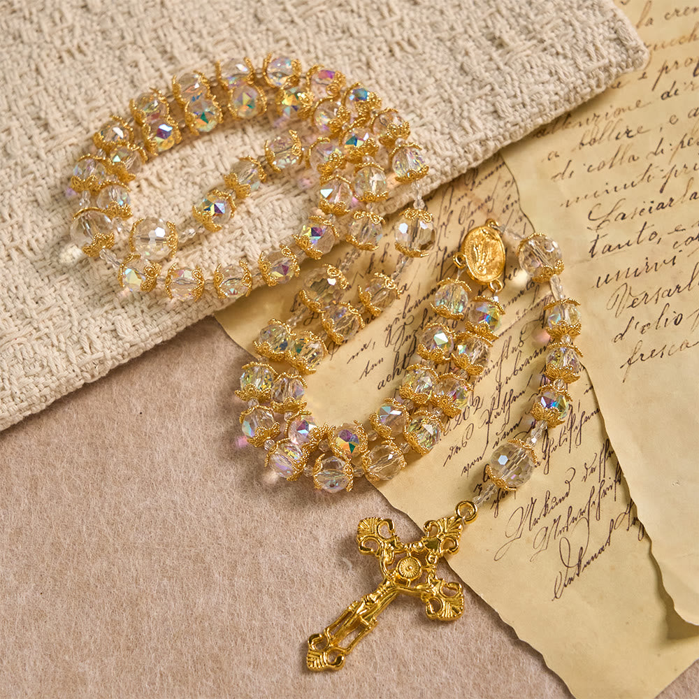 Christianartworkshop Iridescent Faceted Glass Rosary with Our Lady Medal & Golden Crucifix - image 3