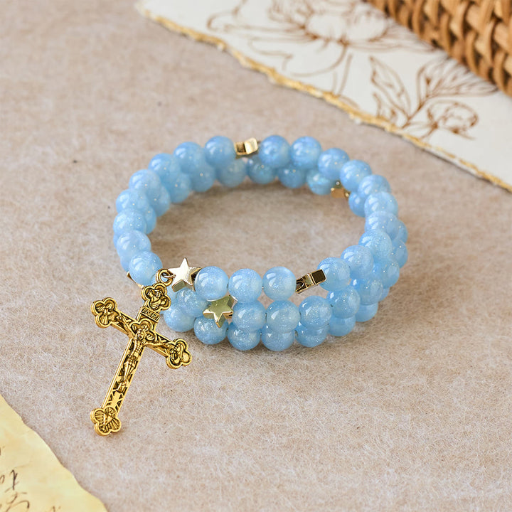 Christianartworkshop Blue Glass Bead Wrap Bracelet with Star Spacers & Golden Crucifix - image 2