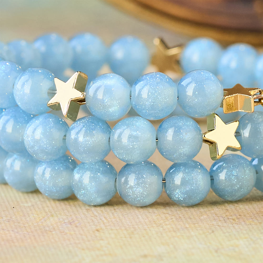 Christianartworkshop Blue Glass Bead Wrap Bracelet with Star Spacers & Golden Crucifix - image 4