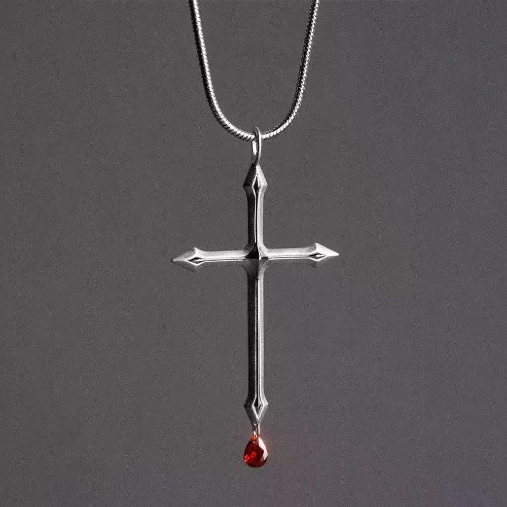 Christianartworkshop Sword Cross Necklace with Red Zircon Drop: A Sacred Keepsake for Believers - Cross & Red Drop - image 0