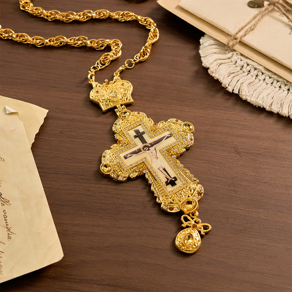 Christianartworkshop Ornate Large Pectoral Crucifix Necklace with Crown Accent: A Symbol of Sacred Majesty & Redemption - image 1