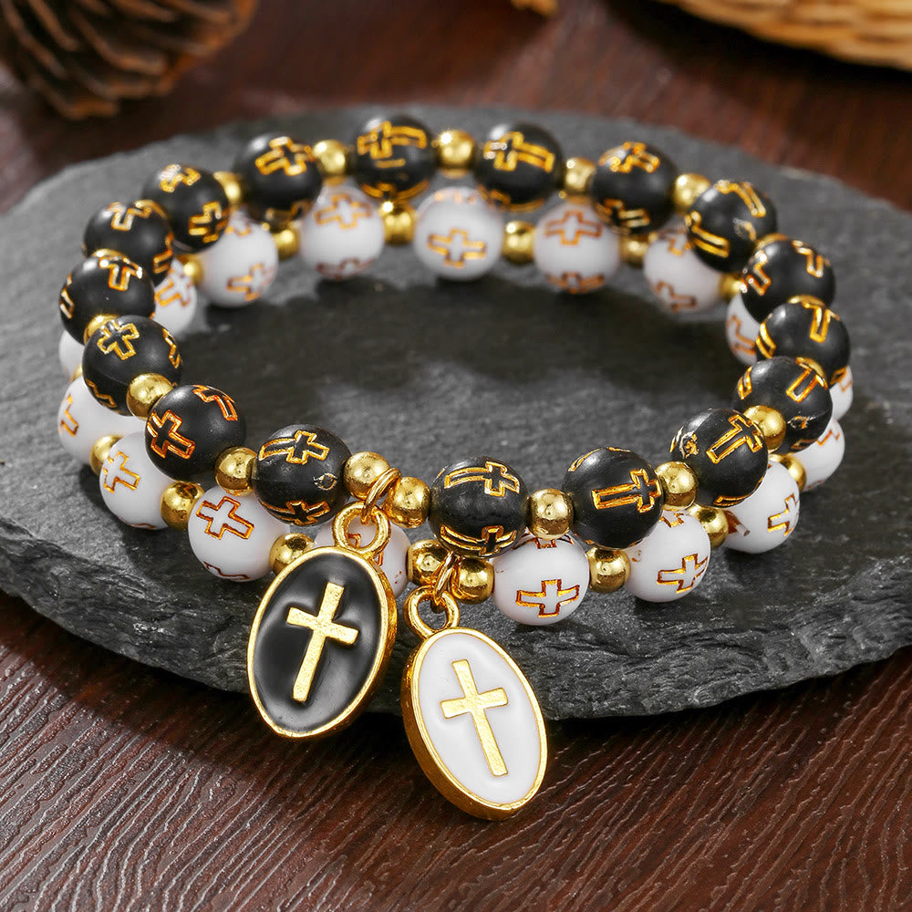 Christianartworkshop Dual-Tone Acrylic Cross Bead Bracelet with Enamel Cross Charm: A Vessel for Sacred Daily Faith - image 0