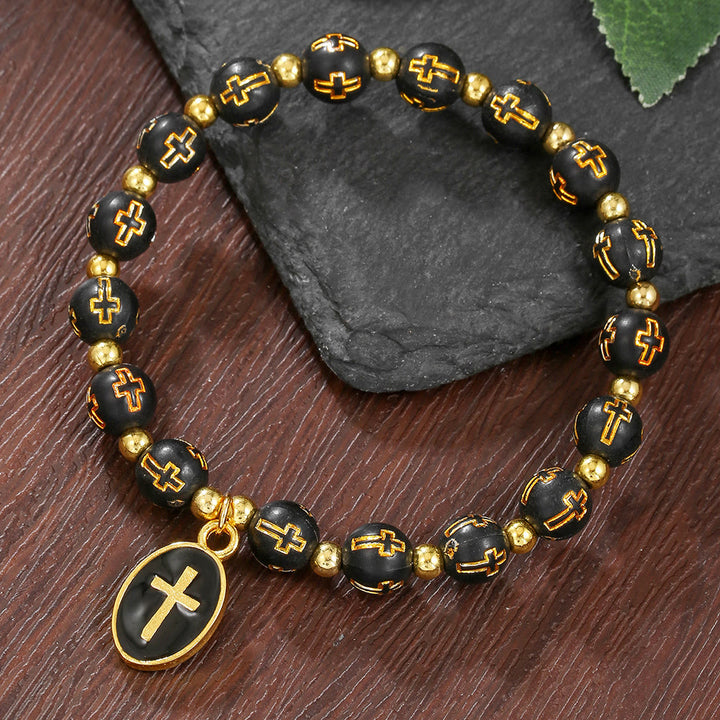 Christianartworkshop Dual-Tone Acrylic Cross Bead Bracelet with Enamel Cross Charm: A Vessel for Sacred Daily Faith - Black - image 2