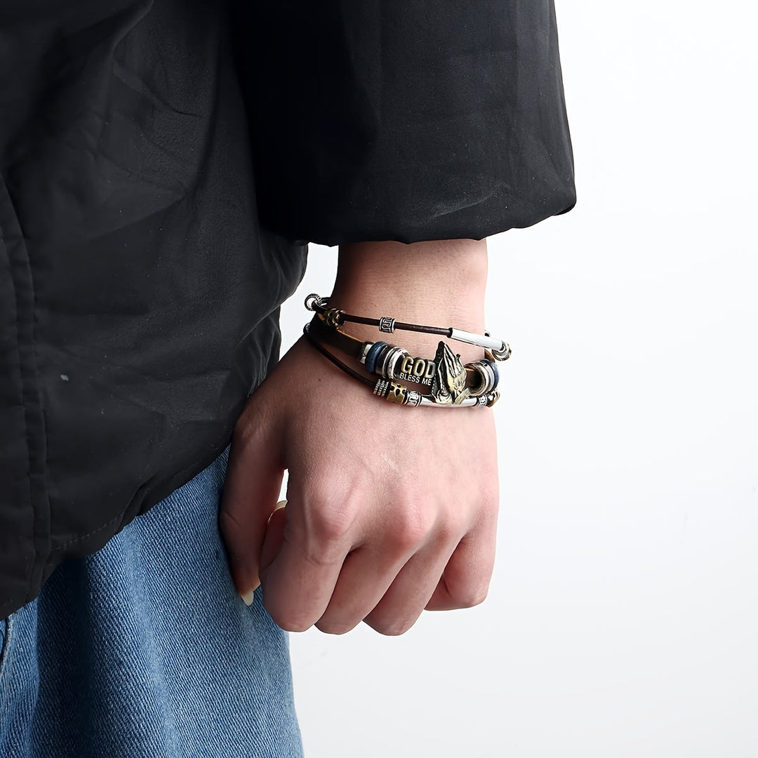 Christianartworkshop God Bless Me Praying Hands Leather Bracelet with Metal Accents - image 5