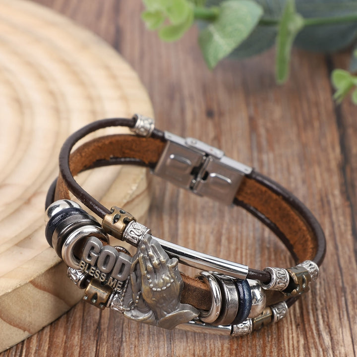 Christianartworkshop God Bless Me Praying Hands Leather Bracelet with Metal Accents - image 4