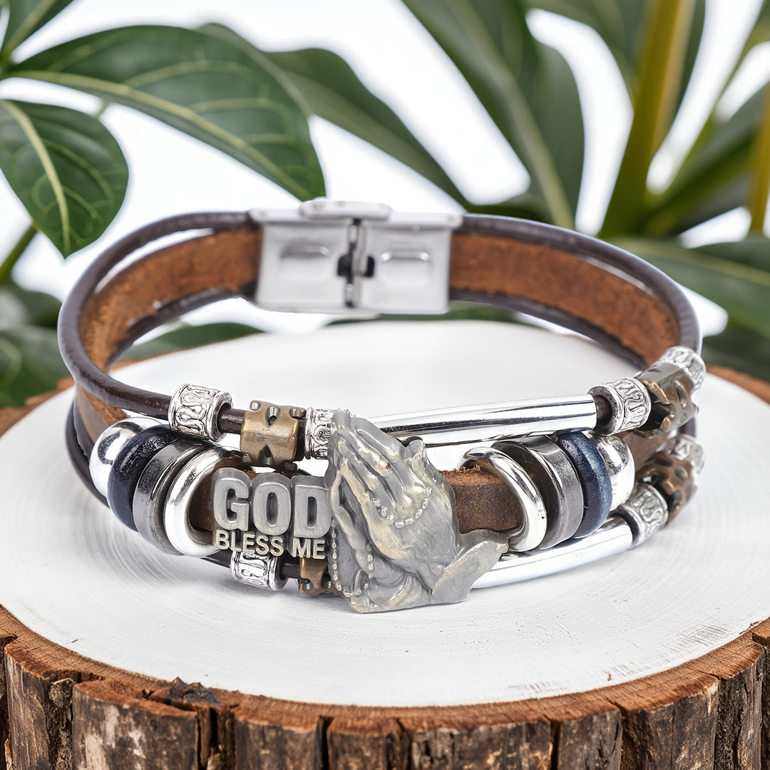 Christianartworkshop God Bless Me Praying Hands Leather Bracelet with Metal Accents - Brown - image 0