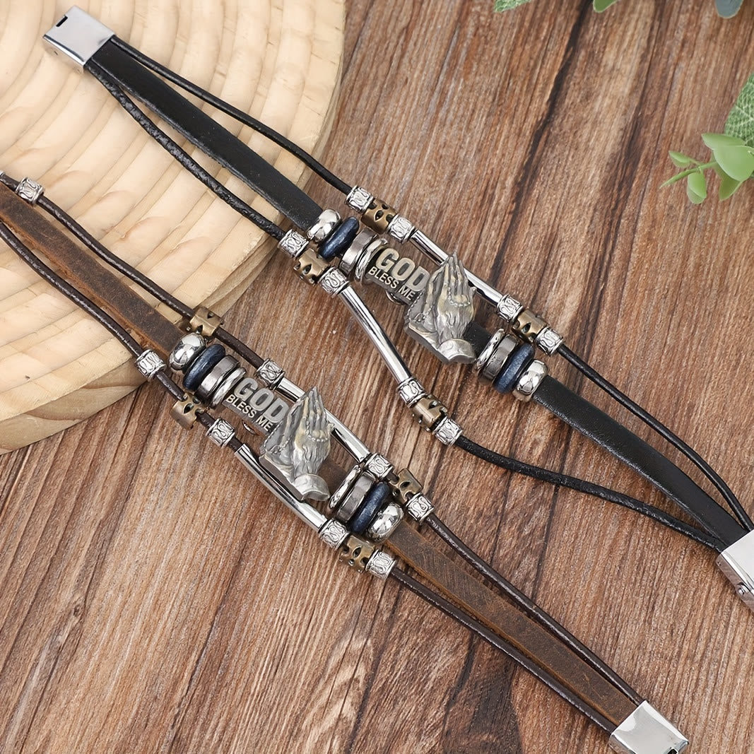 Christianartworkshop God Bless Me Praying Hands Leather Bracelet with Metal Accents - image 2