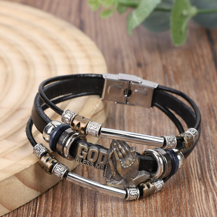 Christianartworkshop God Bless Me Praying Hands Leather Bracelet with Metal Accents - Black - image 6