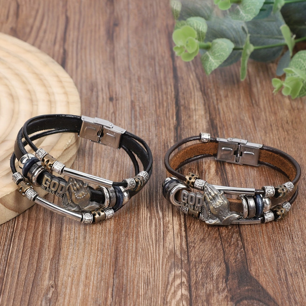 Christianartworkshop God Bless Me Praying Hands Leather Bracelet with Metal Accents - image 1