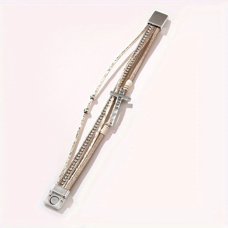 Christianartworkshop Multi-Layer BLESSED Cross Leather Bracelet with Zircon: A Symbol of Divine Grace & Spiritual Joy - image 3