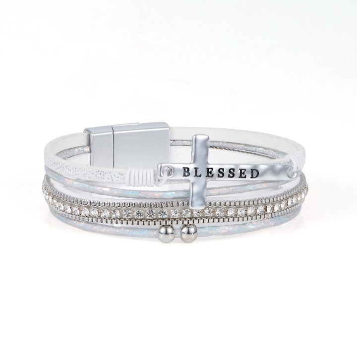 Christianartworkshop Multi-Layer BLESSED Cross Leather Bracelet with Zircon: A Symbol of Divine Grace & Spiritual Joy - White - image 8