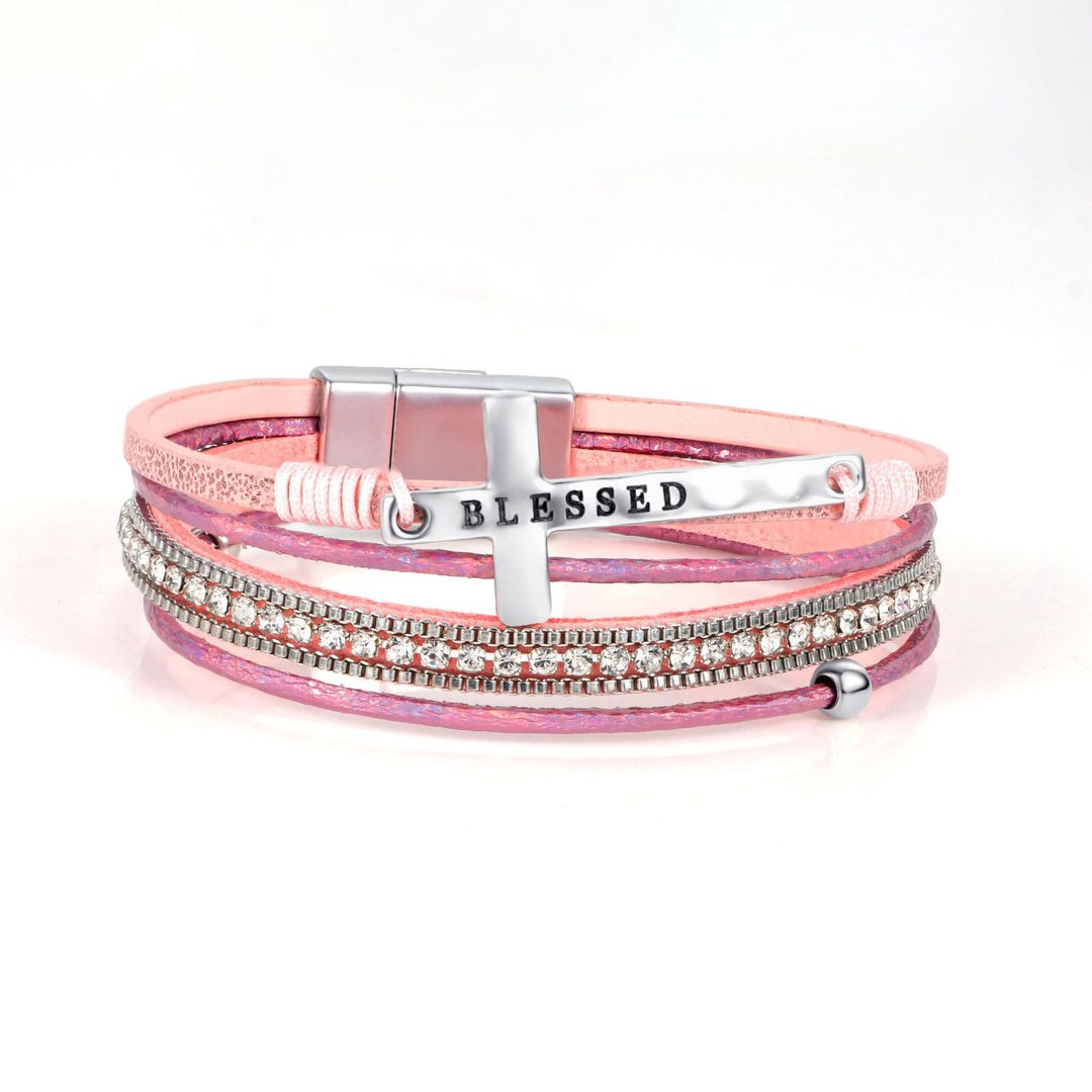 Christianartworkshop Multi-Layer BLESSED Cross Leather Bracelet with Zircon: A Symbol of Divine Grace & Spiritual Joy - Pink - image 6