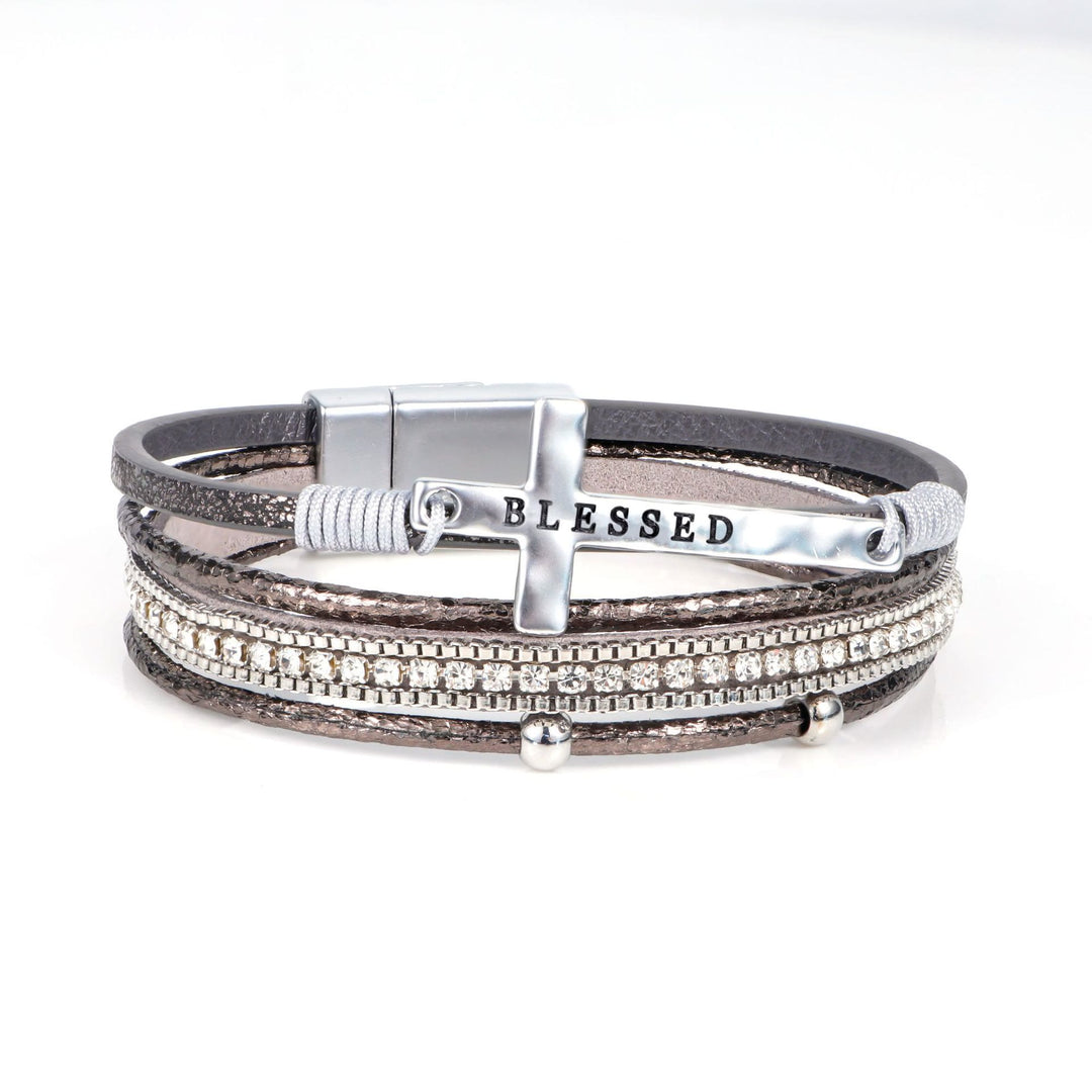 Christianartworkshop Multi-Layer BLESSED Cross Leather Bracelet with Zircon: A Symbol of Divine Grace & Spiritual Joy - Grey - image 11
