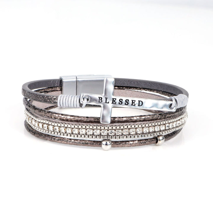 Christianartworkshop Multi-Layer BLESSED Cross Leather Bracelet with Zircon: A Symbol of Divine Grace & Spiritual Joy - Grey - image 11