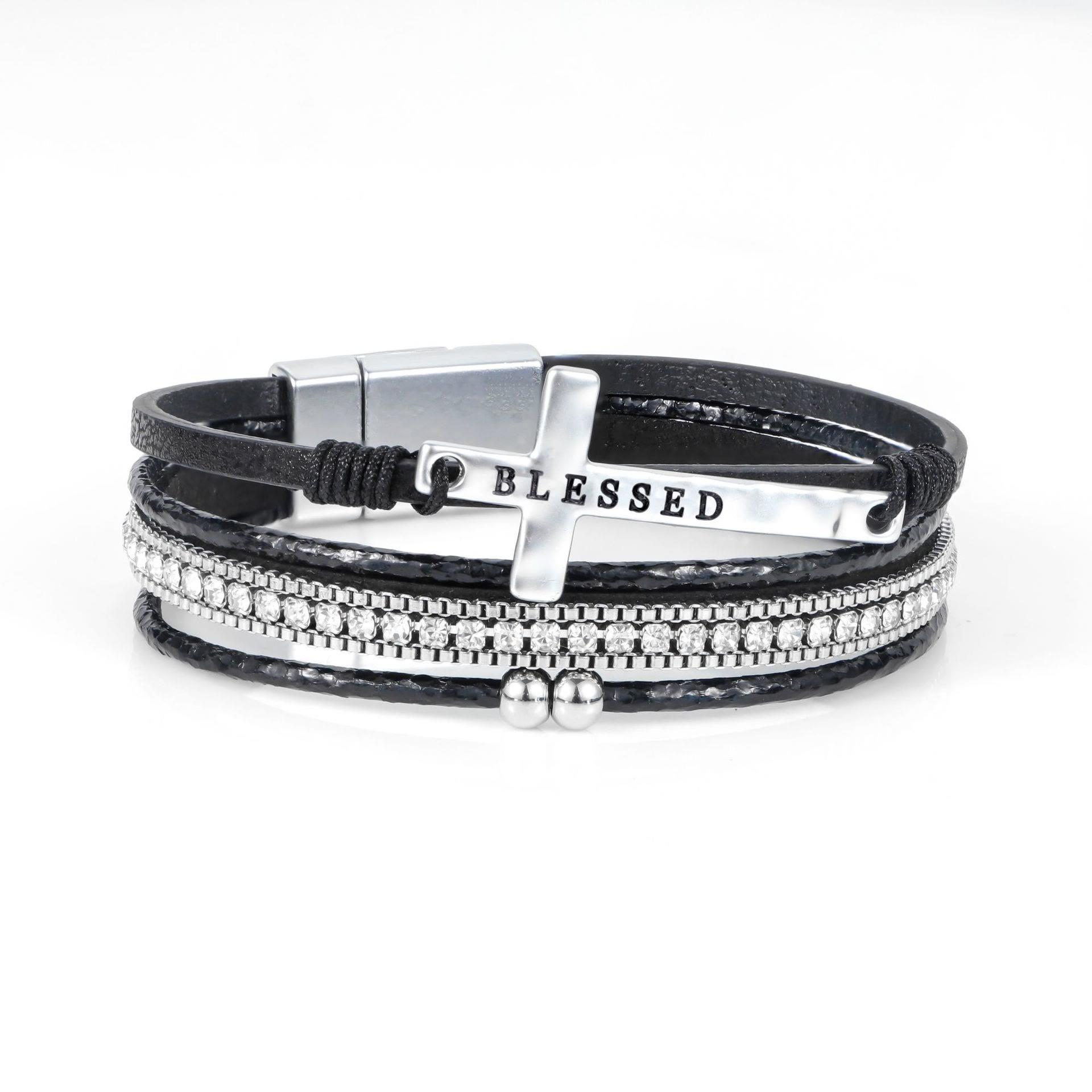 BLESSED Multi-Layer Cross Leather Bracelet with Zircon – Magnetic