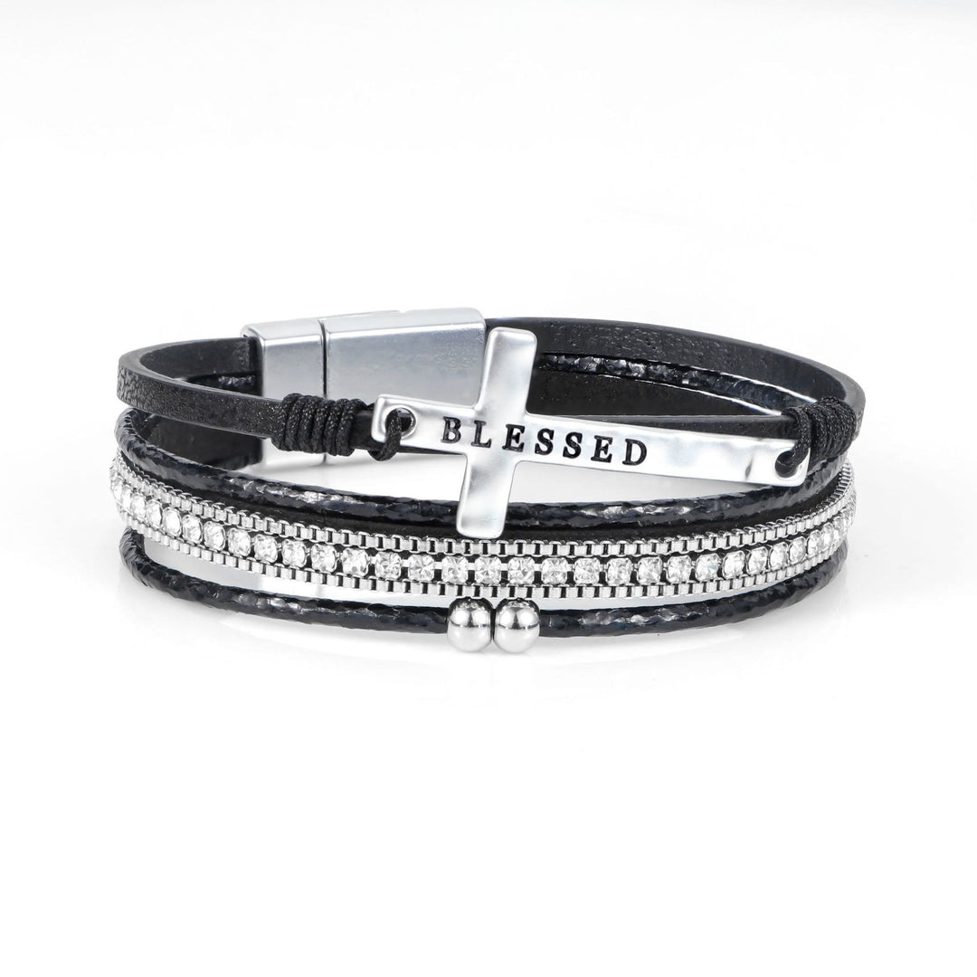 Christianartworkshop Multi-Layer BLESSED Cross Leather Bracelet with Zircon: A Symbol of Divine Grace & Spiritual Joy - Black - image 9