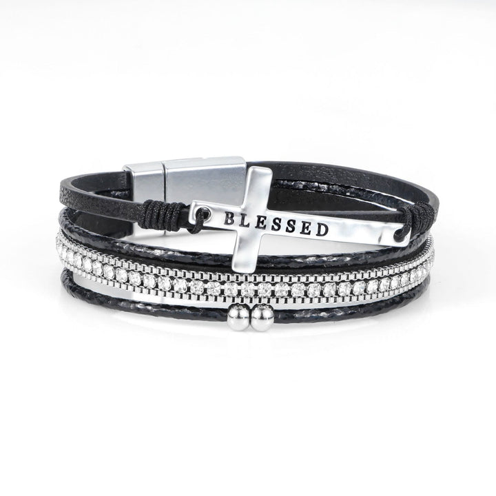 Christianartworkshop Multi-Layer BLESSED Cross Leather Bracelet with Zircon: A Symbol of Divine Grace & Spiritual Joy - Black - image 9