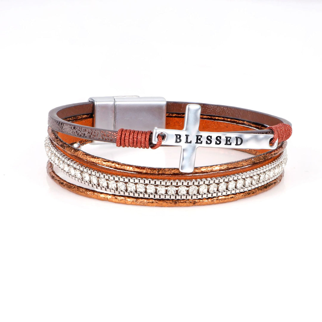 Christianartworkshop Multi-Layer BLESSED Cross Leather Bracelet with Zircon: A Symbol of Divine Grace & Spiritual Joy - Coffee - image 7