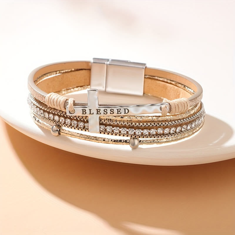 Christianartworkshop Multi-Layer BLESSED Cross Leather Bracelet with Zircon: A Symbol of Divine Grace & Spiritual Joy - Khaki - image 0