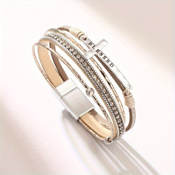 Christianartworkshop Multi-Layer BLESSED Cross Leather Bracelet with Zircon: A Symbol of Divine Grace & Spiritual Joy - image 2