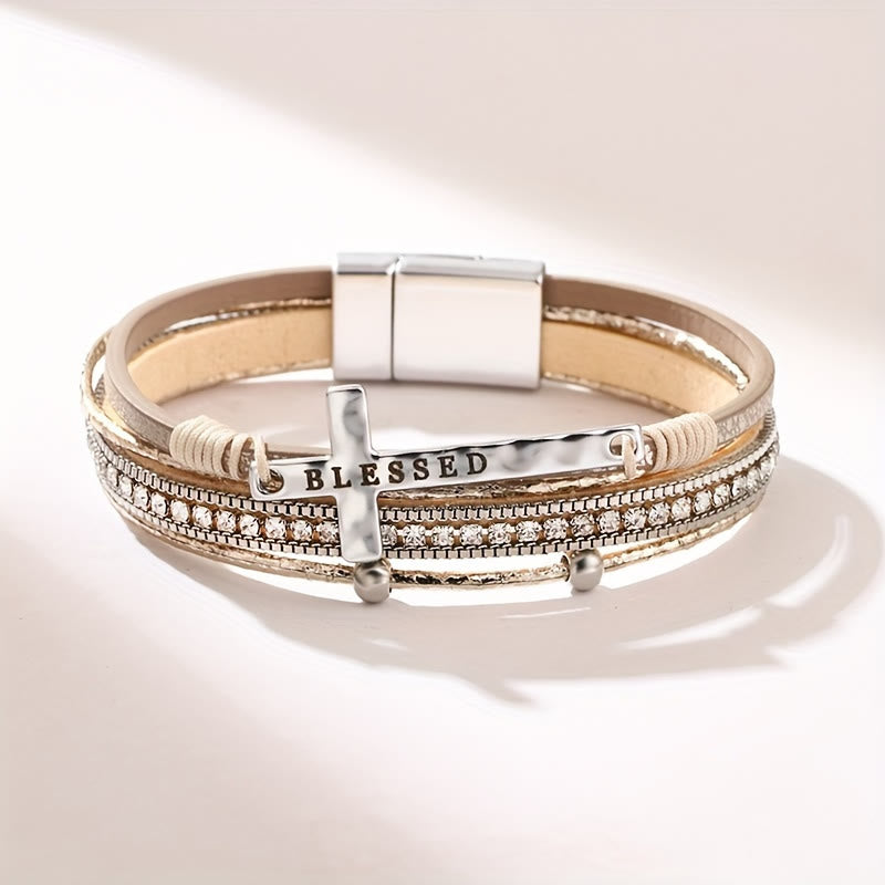 Christianartworkshop Multi-Layer BLESSED Cross Leather Bracelet with Zircon: A Symbol of Divine Grace & Spiritual Joy - image 4