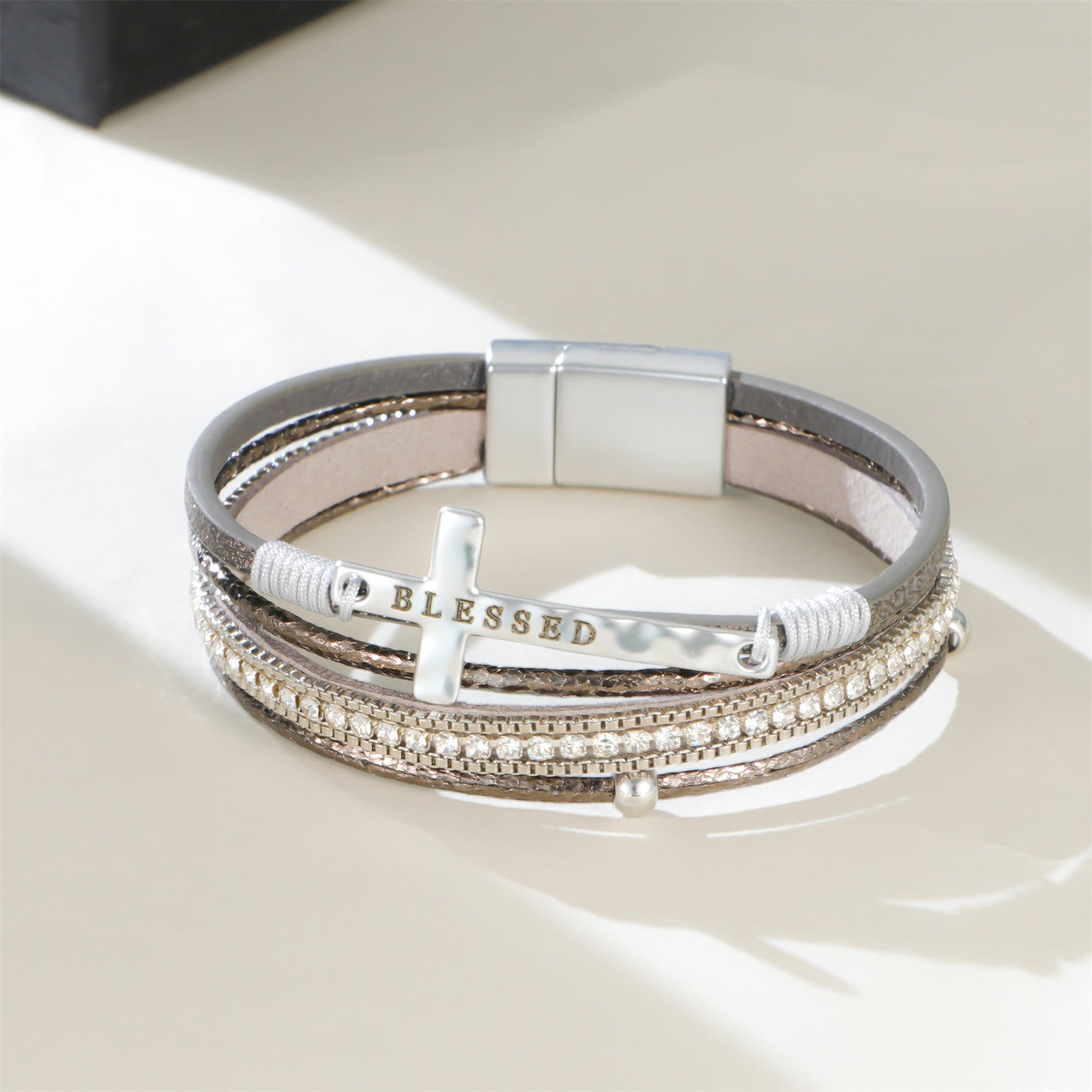 BLESSED Multi-Layer Cross Leather Bracelet with Zircon – Magnetic