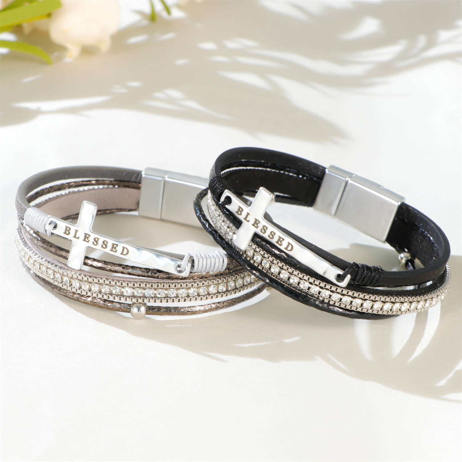 BLESSED Multi-Layer Cross Leather Bracelet with Zircon – Magnetic