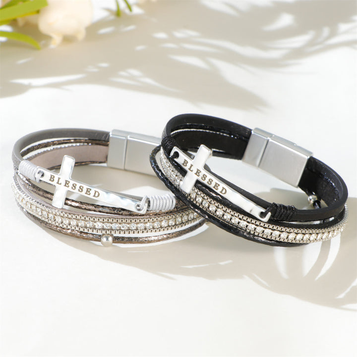 Christianartworkshop Multi-Layer BLESSED Cross Leather Bracelet with Zircon: A Symbol of Divine Grace & Spiritual Joy - image 1