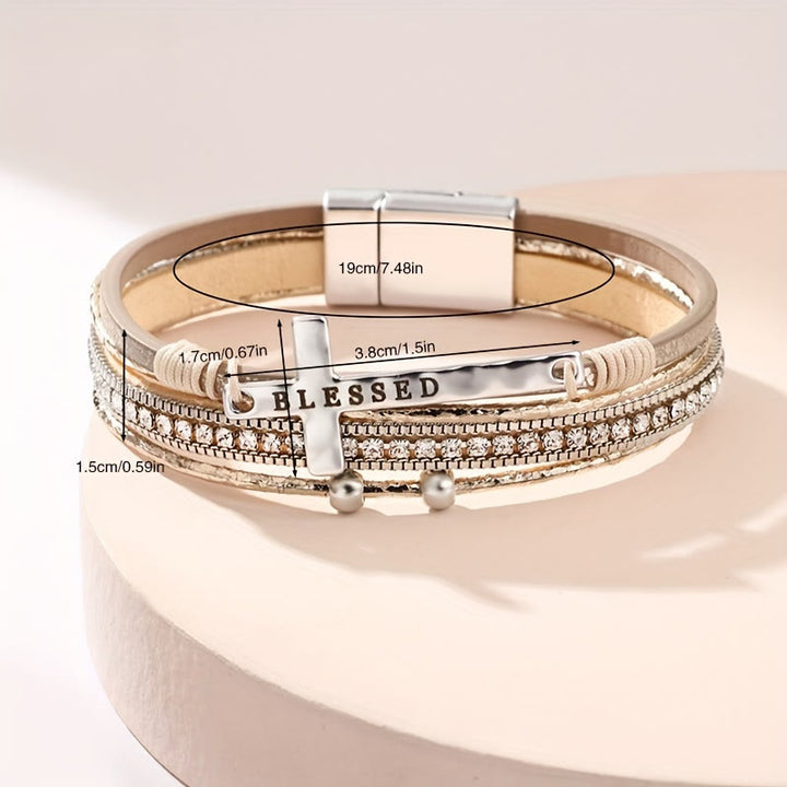 Christianartworkshop Multi-Layer BLESSED Cross Leather Bracelet with Zircon: A Symbol of Divine Grace & Spiritual Joy - image 5