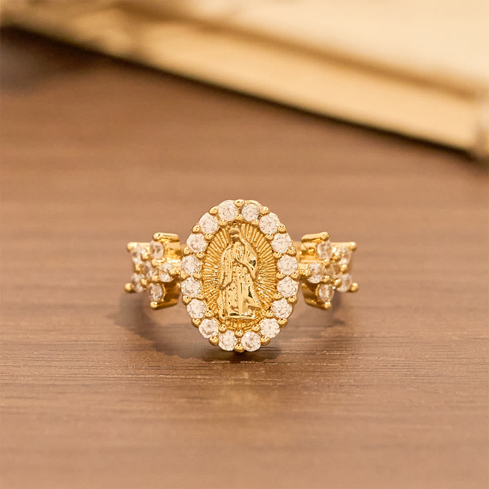 Christianartworkshop Golden Our Lady Ring with Dual Floral Accents & Zircon Halo - image 2