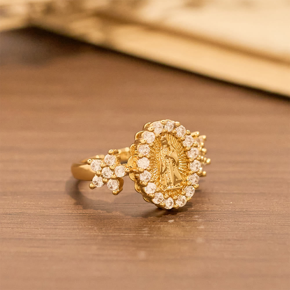 Christianartworkshop Golden Our Lady Ring with Dual Floral Accents & Zircon Halo - image 3