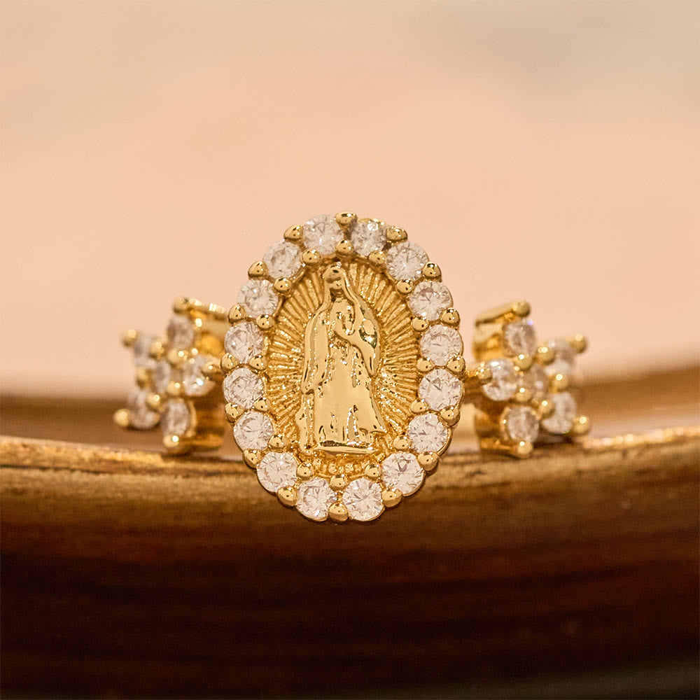 Christianartworkshop Golden Our Lady Ring with Dual Floral Accents & Zircon Halo - Adjustable(From US 7 to US 9) - image 0