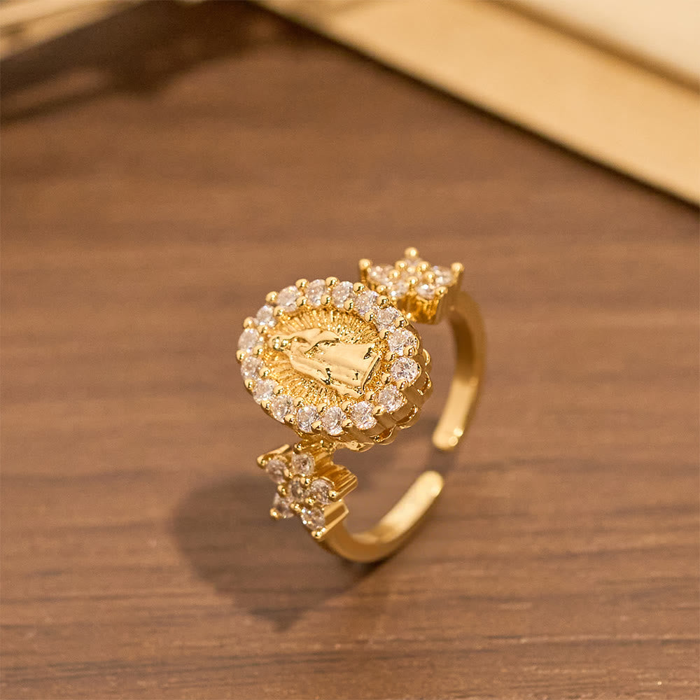 Christianartworkshop Golden Our Lady Ring with Dual Floral Accents & Zircon Halo - image 1