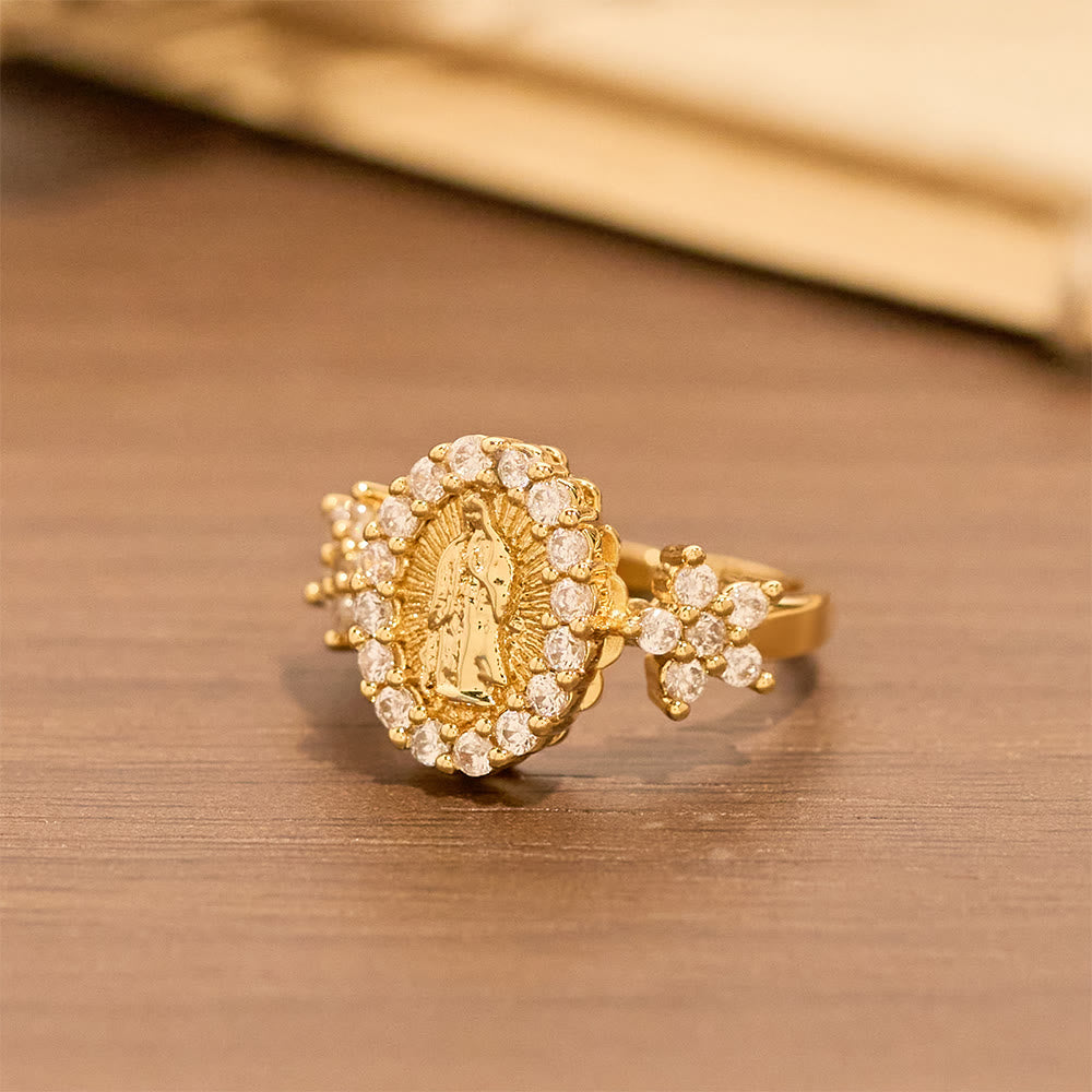 Christianartworkshop Golden Our Lady Ring with Dual Floral Accents & Zircon Halo - image 4