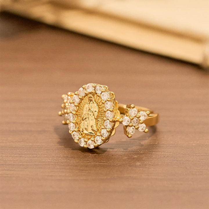 Christianartworkshop Golden Our Lady Ring with Dual Floral Accents & Zircon Halo - image 4
