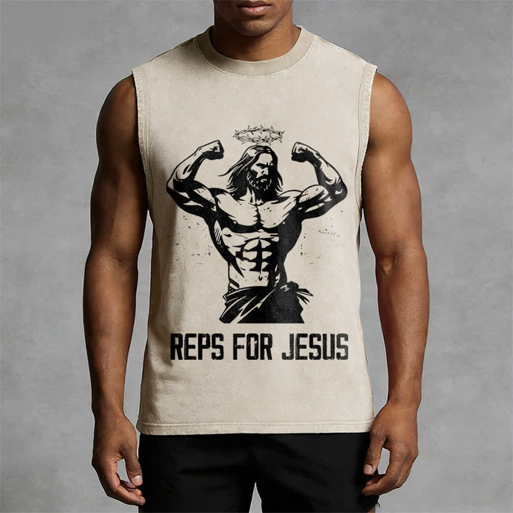 Cown Reps Muscular Jesus Crown of Thorns Unisex Washed Tank Top - 'REPS FOR JESUS ...
