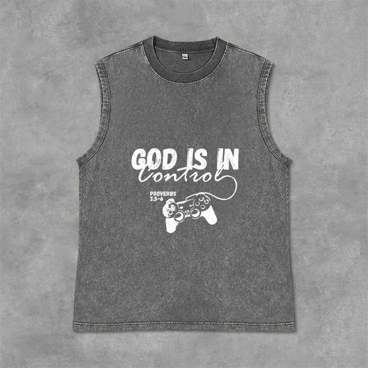 Christianartworkshop God Is In Control Unisex Washed Tank Top - Grey - 2XL - image 0