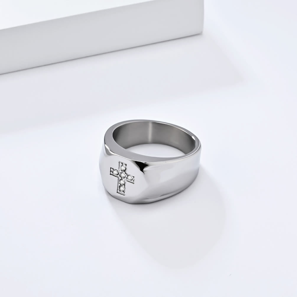 Christianartworkshop Tri-Finish Thick Band Cross Zircon Ring: A Symbol of Unbreakable Faith & Grace - Silver - US 13 - image 2