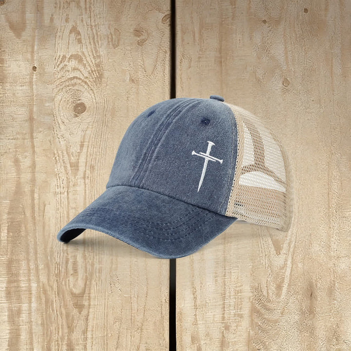 Christianartworkshop Nail Cross Embroidered Washed Trucker Hat - Navy Blue - image 8