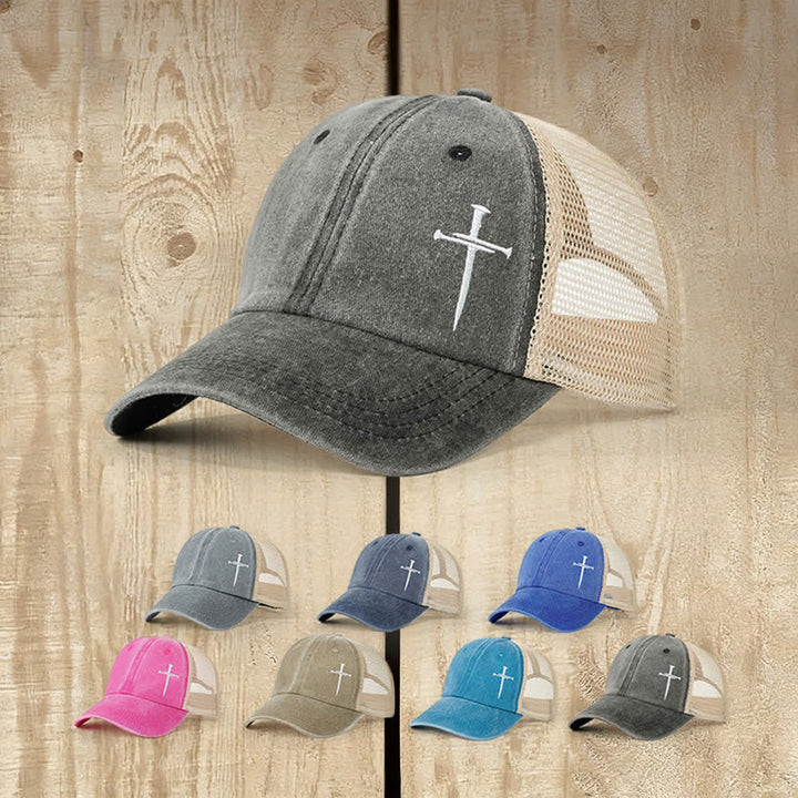 Christianartworkshop Nail Cross Embroidered Washed Trucker Hat - image 1