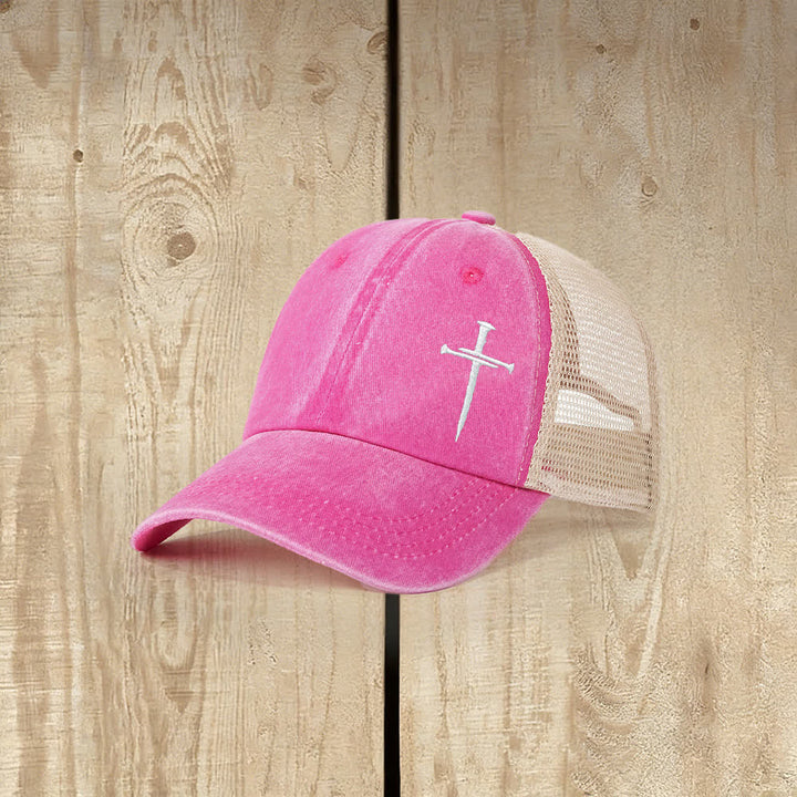 Christianartworkshop Nail Cross Embroidered Washed Trucker Hat - Rose - image 7
