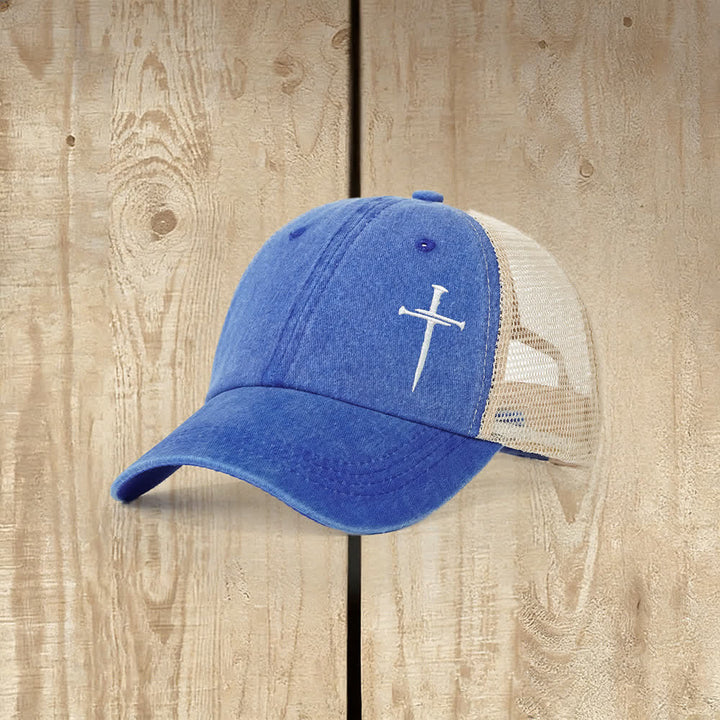 Christianartworkshop Nail Cross Embroidered Washed Trucker Hat - Royal Blue - image 2