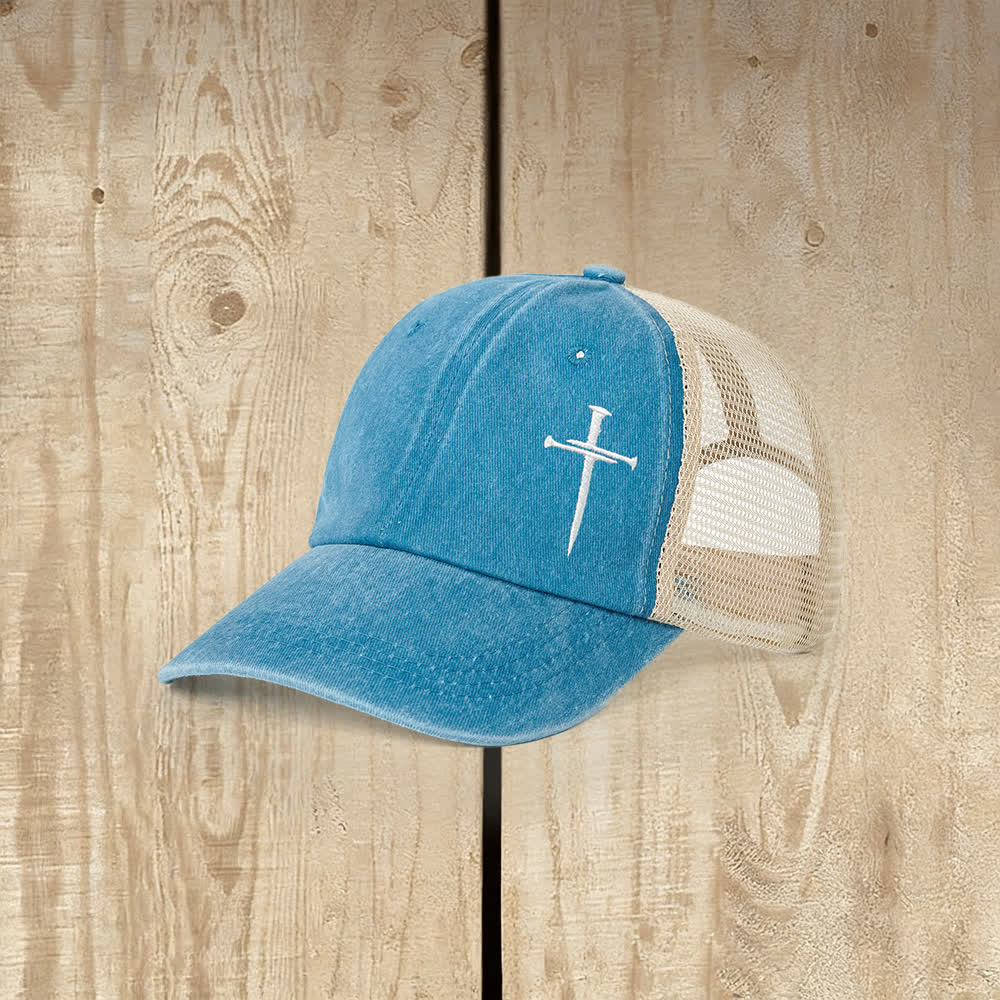 Christianartworkshop Nail Cross Embroidered Washed Trucker Hat - Lake Blue - image 5